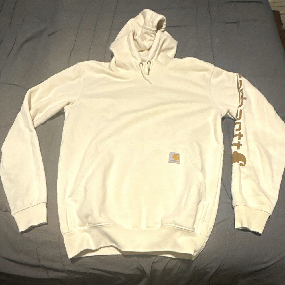 Carhartt Men's XS Loose Fit White Fleece Pullover Hoodie Logo Sleeve Pockets